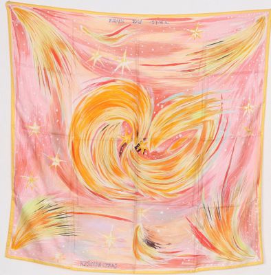 a painting of a pink and yellow scarf hanging on a wall