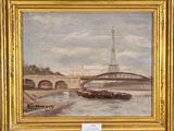 painting of a river scene with boats and a bridge in the background