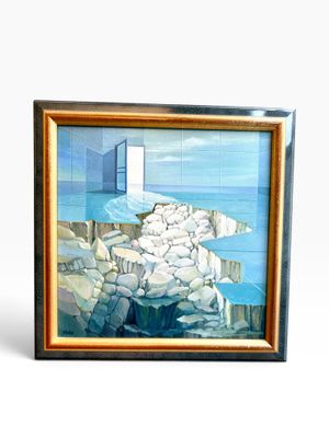 tableau à l'huile encadré représentant un phare sur une côte rocheuse, avec une fenêtre