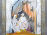 une peinture à l'huile représentant deux hommes en costume blanc debout devant un miroir