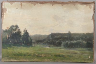une peinture à l'huile d'un champ avec des arbres au loin