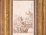a drawing of a boat with people on it in a body of water
