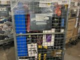 a cart with a bunch of items in it in a warehouse