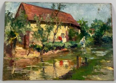 an oil painting of a house by a river with a person standing in front of it