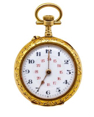 gros plan d'une montre de poche en or sur fond blanc