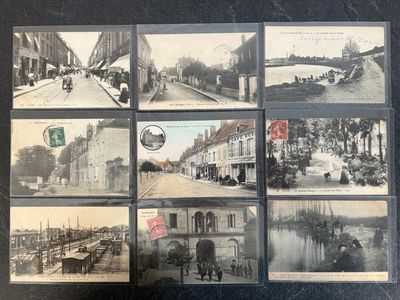 several old black and white photos of a street with people and horses