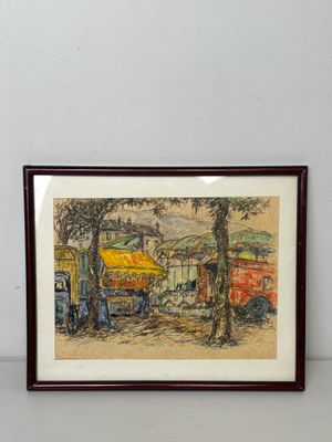 tableau représentant un vieux camion garé sur le bord de la route