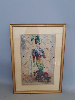 tableau encadré représentant une femme en costume, avec un perroquet sur la tête