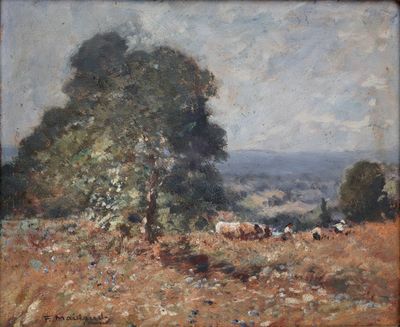 painting of cows grazing in a field with trees and hills in the background
