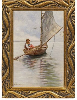 an image of a painting of a man in a boat