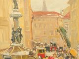 tableau représentant une scène de rue avec des personnages et une statue en arrière-plan