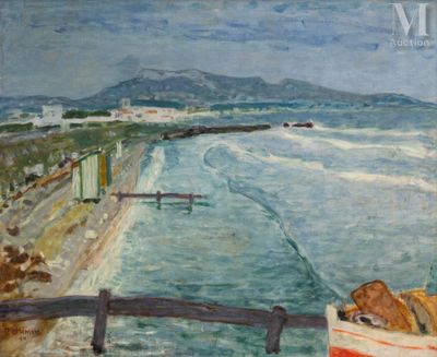 un tableau représentant un bateau sur l'eau près d'une plage
