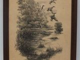 an old drawing of ducks flying over a river in a wooded area