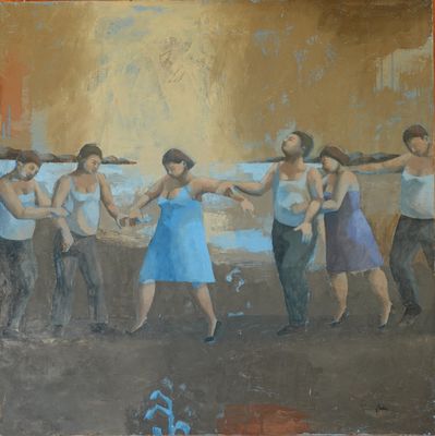 une peinture représentant un groupe de personnes sur la plage