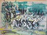 a painting of a group of horses running in a field