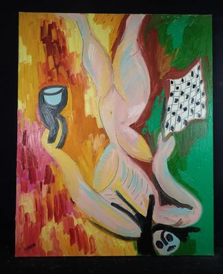 a painting of a woman holding a cup in her hand