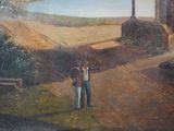 a painting of two people standing in a field