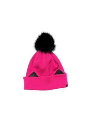 un gros plan sur un bonnet rose orné d'un pompon noir
