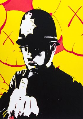 tableau représentant un homme en uniforme de policier pointant quelque chose du doigt