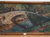 an oil painting of a bridge over a river in a wooded area