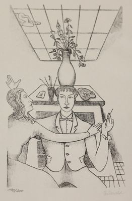 dessin représentant un homme en smoking avec un vase de fleurs sur la tête