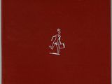 a red book with a white drawing of a man in a suit