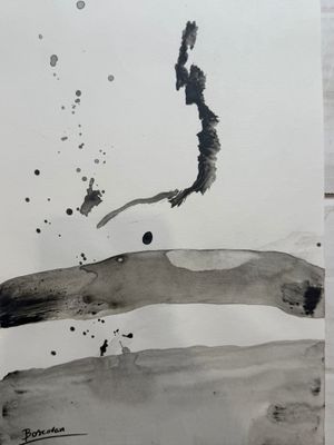 a black and white drawing of a person on a surfboard