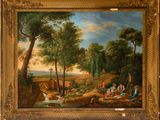 an oil painting of a group of people in a wooded setting