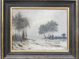 an oil painting of a snowy landscape with trees in the foreground