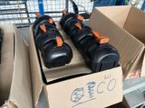 two boxes with black and orange helmets on them