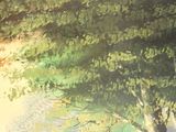 a painting of a bench under a tree in a park