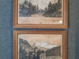 une paire d'aquarelles représentant des montagnes et un lac, dans un cadre en bois