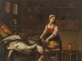 an image of a painting of a woman preparing food in a kitchen