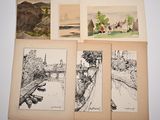 four drawings of a river, a bridge, a house, and a tree