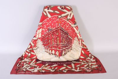 an image of a red and white scarf with a house on it