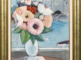 a painting of flowers in a vase on a table