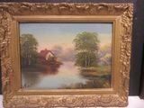 an oil painting of a house by a river with a boat in the water