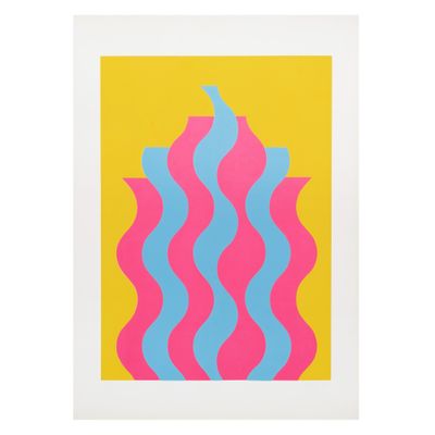 une image représentant un motif jaune et bleu avec des lignes ondulées
