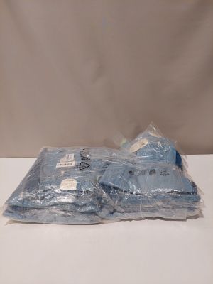 three bags of blue plastic items on a white table