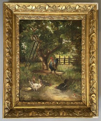 an oil painting of chickens and chickens in a wooded setting