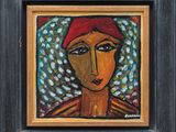painting of a woman with a red head scarf and a red turban