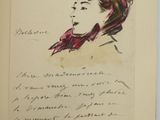 drawing of a woman ' s profile in profile with a red scarf