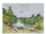 watercolor painting of a river with trees in the background