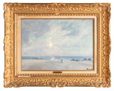 une peinture à l'huile représentant une scène de plage avec un bateau au loin