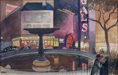 a painting of a man and a woman standing in front of a fountain