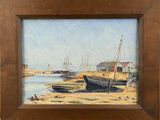 a picture of a painting of boats on the water