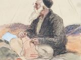 tableau représentant un vieil homme assis par terre avec un livre