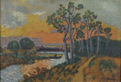 an image of a painting of a river with trees in the foreground