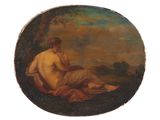 une image représentant un tableau où l'on voit une femme nue assise sur une couverture