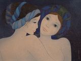painting of two women with blue headscarves on their heads